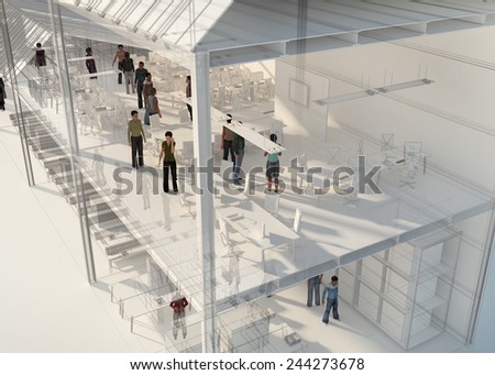 Graphic illustration of design, production and shipping process inside the building