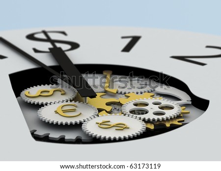 money clock with visible mechanism and euro, dollar and paragraph sign