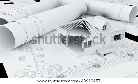 architects model house, white, monochromatic, on plan.