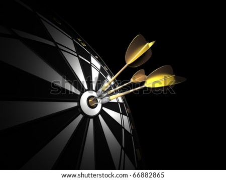 three gold darts hitting the center of a black and white dartboard. low key image.