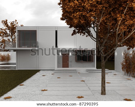 Modern house visualization, front yard view, autumn scene