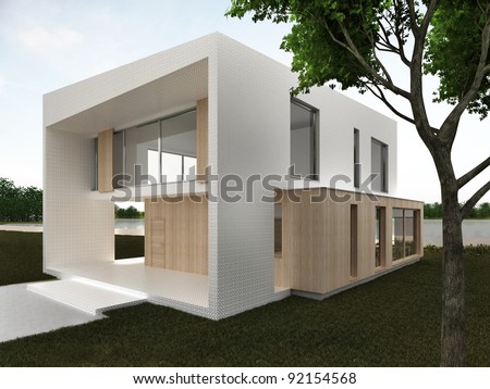 Modern house design - front-yard - computer generated visualization. Mosaic and wood facade in european style of architecture.