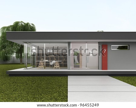 Front yard of very modern house - bungalow design, architecture project