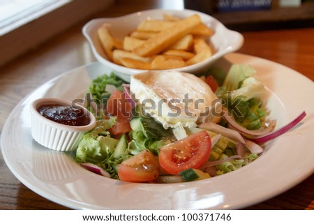 A Pub meal of chips and salad