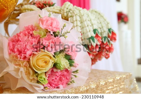 Beautiful bouquet and  garland, flowers for Thai wedding ceremony.