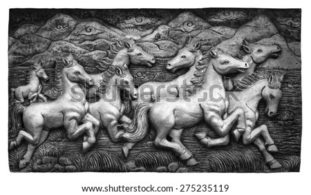 Black and white low relief cement Thai style handcraft of horse on wall, cliping path.