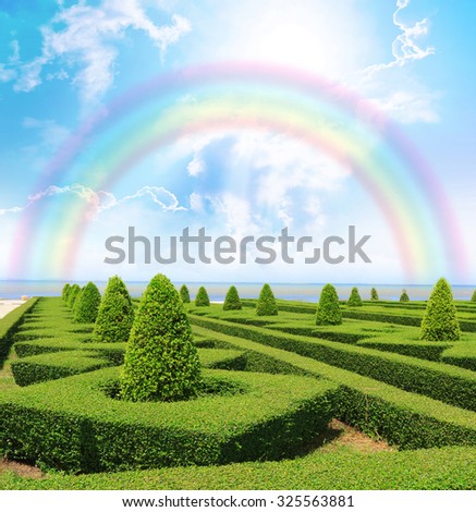 Nature path through in the tropical garden with rainbow and blue sky.