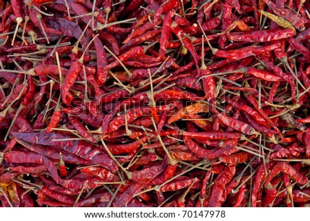 Hot dried red chillies as a textured food background.