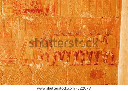 A painting of Ancient Egyptian Soldiers in the Temple of Queen Hatshepsut, Luxor (Thebes) Egypt