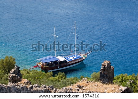 A tourist pleasure boat, moored at St. Nicholas Island near Fethiye, Turkey