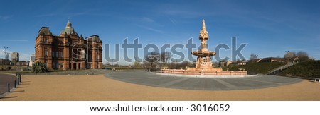 A stitched panorama of six photographs of the People\'s Palace Museum and the Doulton Fountain, Glasgow Green , Scotland
