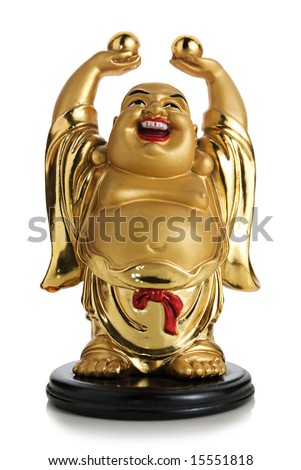 Image of a gold colored figurine of a laughing Buddha