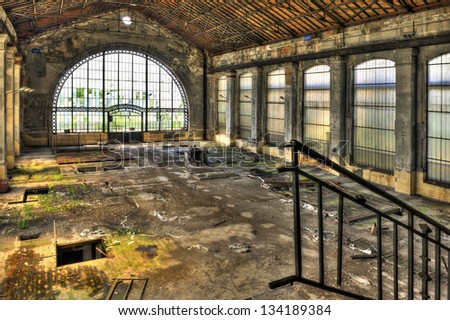 Beautiful glass wall inside the hall of an abandoned coal mine