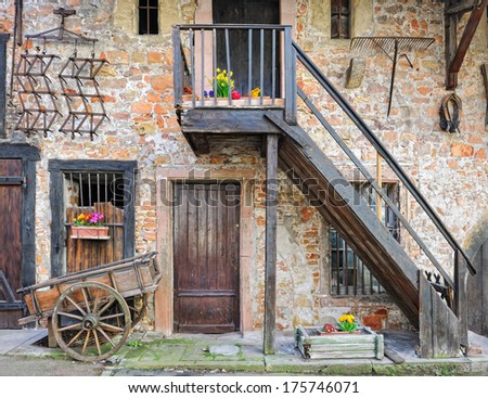 Facade of rustic farmhouse in Colmar, Alsace, France