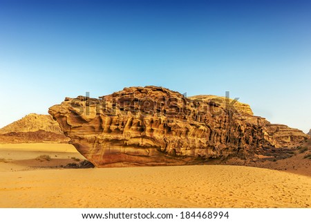 Boat shaped rock in the desert of Wadi Rum, Jordan, Middle East