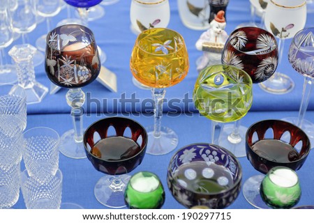 Assorted crystal glassware at flea market in Berlin, Germany, Europe