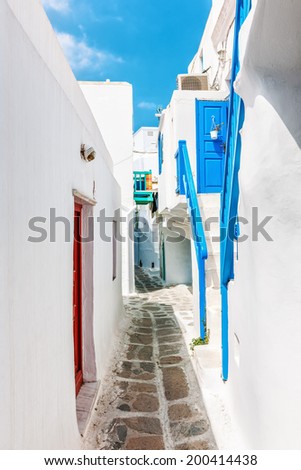 Narrow lane in Mykonos old town, Cyclades, Greece