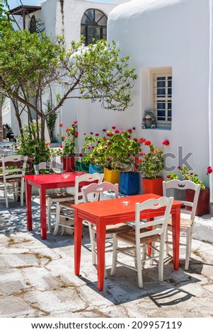 Typical tavern terrace in Mykonos, Cyclades, Greece