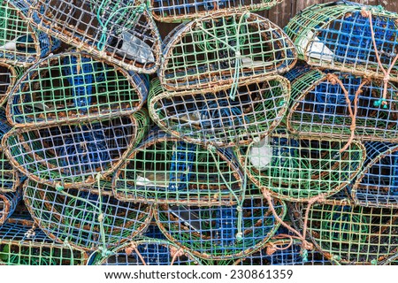 Stacked lobster and crab  traps in the port of Santa Luzia, Algarve, Portugal, Europe