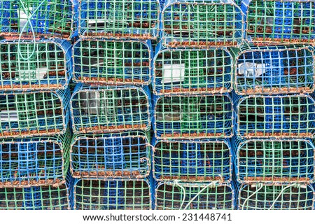 Stacked lobster and crab traps in the port of Santa Luzia, Algarve, Portugal, Europe