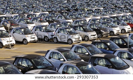 FRANCE, HAMBACH - APRIL 1, 2012: Production lines of brand new Smart cars ready for distribution in Hambach, Moselle, France