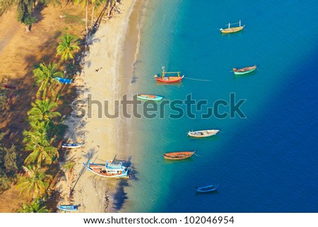Bird eye view with fishing thai boats, The Beauiful Sea scape, Thailand