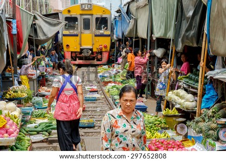 MAEKLONG, AUG 25: Train passing through the famous open air railway markets at Maeklong. Three times a day the train runs through these stalls  on August 25, 2008. Samutsongkram Province, Thailand