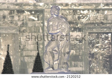 Part of ice house with ice sculpture of man