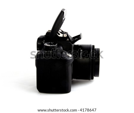 photo of the black photo digital camera on the white background turned right with flash up