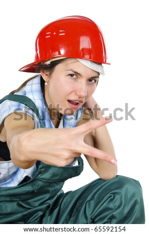 Young woman in hard hat, isolated on white background