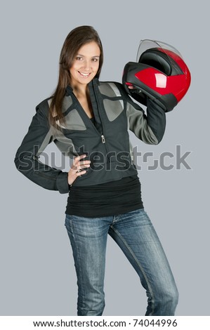 Biker Girl Clothing on Attractive Female Biker With With Red Motorbike Helmet  Stock Photo