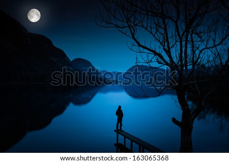 Man Standing by Lake, Covered with Moonlight Moonlight, Thinking Man standing on the pier