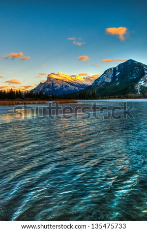 Snowy winter scenery in the Canadian Rocky Mountains - Mount Rundle and Vermillion Lakes - Banff National Park, Alberta Canada