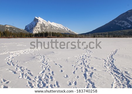 Scenic Mount Rundle and Vermillion lakes in winter, Banff National Park Alberta Canada