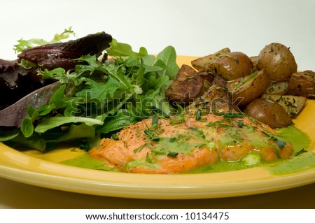 steelhead trout with roasted potatoes, and salad, garlic and herb sauce