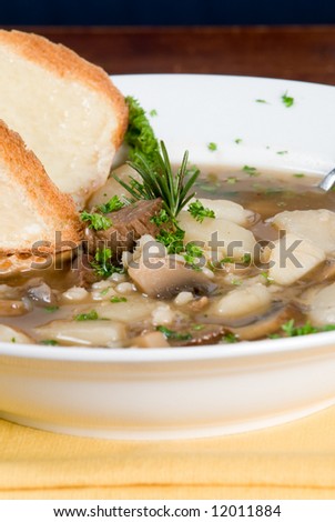 Bowl of beef and barley soup with cheese toast