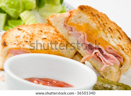 Grilled ham and cheese sandwich with side salad and a pickle