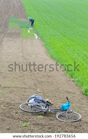 Work in a field, old man is spading and cultivating land with a bicycle, no recognizable faces
