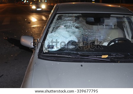 Belgrade, Serbia-14.November 2015., Car accident, opened airbags and broken windshield on Toyota Corolla car, during the night in Belgrade, Serbia, some noise may occur