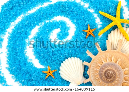 Few marine items on a blue seasalt over white background.