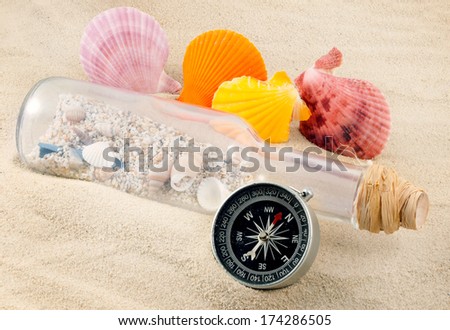 Few marine items on a sand in marine still life theme.