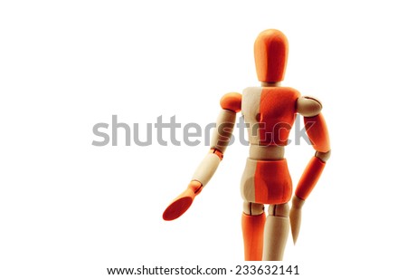 Bicolored wooden dummy in presentation pose isolated on white.