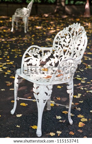 White iron chair in outdoor cafe autumn with yellow leaf