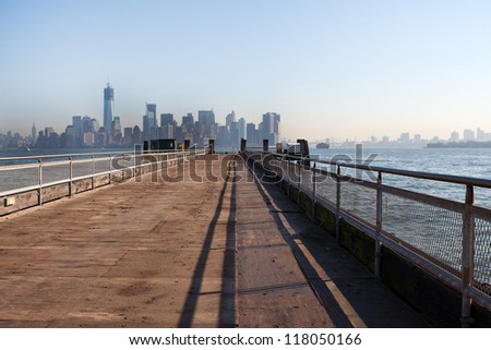 The New York City Downtown skyline at the afternoon from bridge
