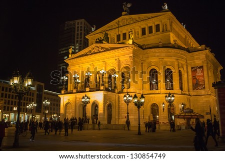 FRANKFURT - MAR 2: Alte Oper at night on March 2, 2013 in Frankfurt, Germany. Alte Oper is a concert hall built in the 1970s on the site of and resembling the old Opera House destroyed in WWII.