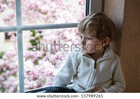 Sweet toddler boy looking out of the window on flowering garden