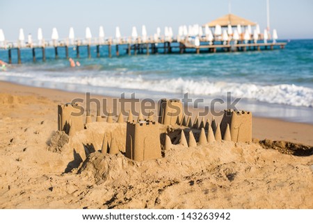 Sand Castle on Beach of Side with sand at sundown