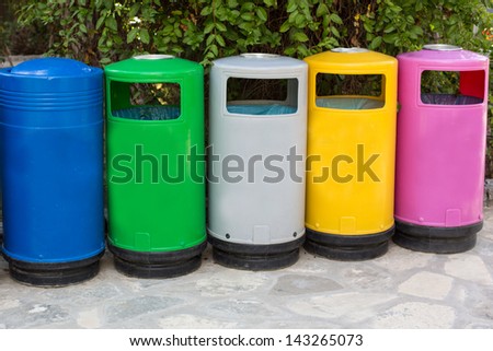Colorful garbage cans for different kind of garbage, outdoors