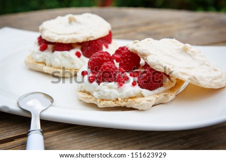 Fresh homemade Pavlova cake with raspberries and white meringue on wooden table for afternoon tea in garden