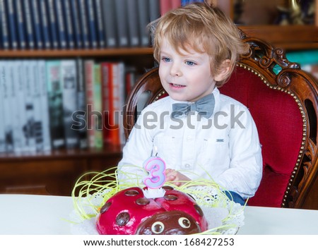 Cute three year old boy celebrating his birthday and blowing off the candles on the cake
